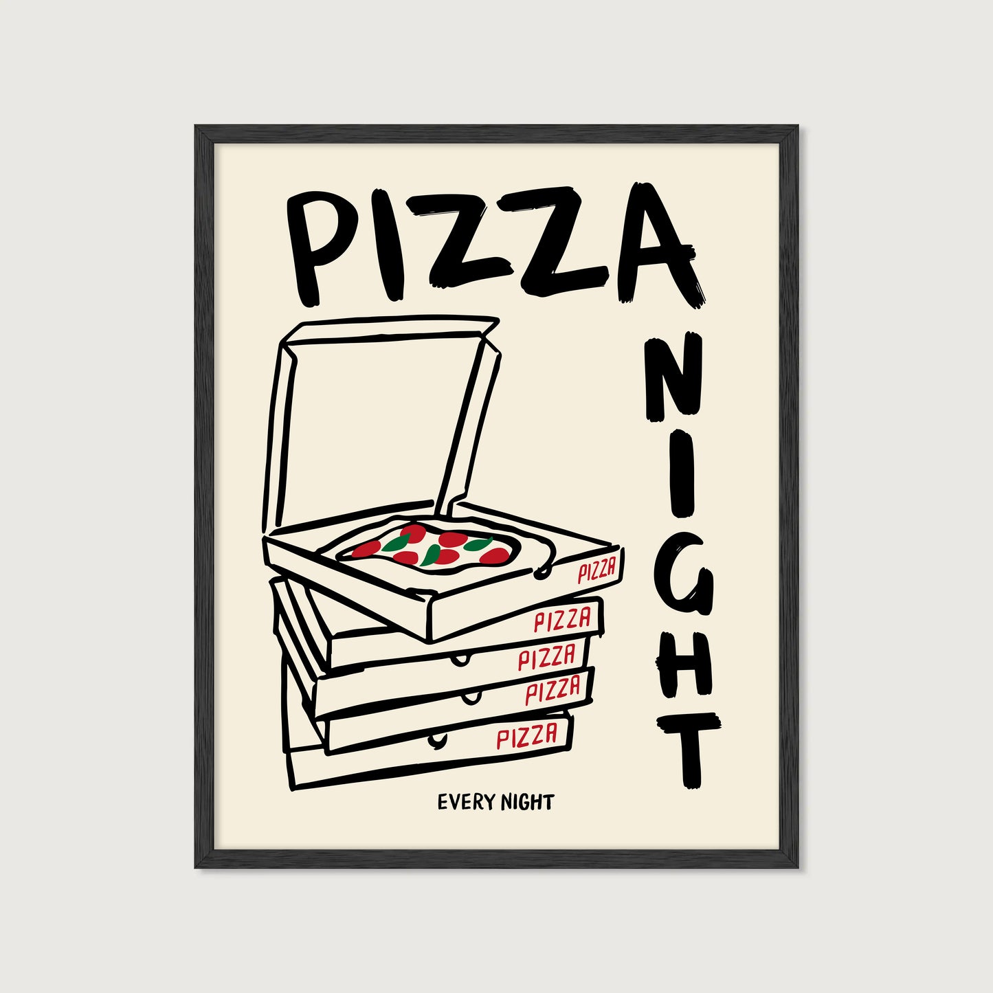 hand-drawn stacked pizza boxes tomato pizza pizza night every night lettering cream background art print
