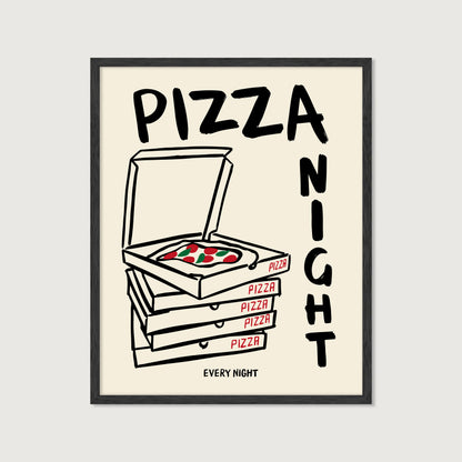 hand-drawn stacked pizza boxes tomato pizza pizza night every night lettering cream background art print