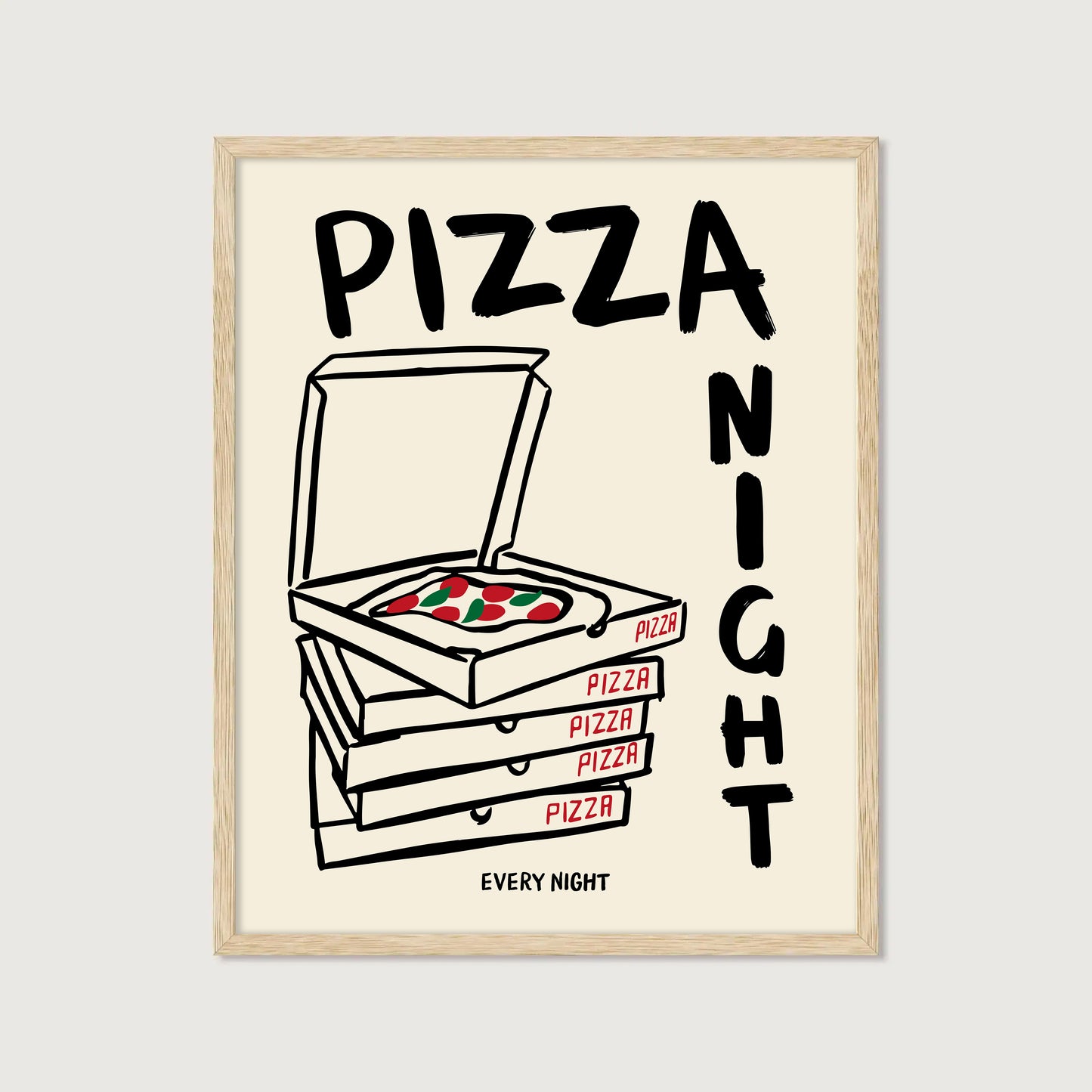 hand-drawn stacked pizza boxes tomato pizza pizza night every night lettering cream background art print