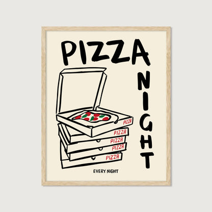 hand-drawn stacked pizza boxes tomato pizza pizza night every night lettering cream background art print
