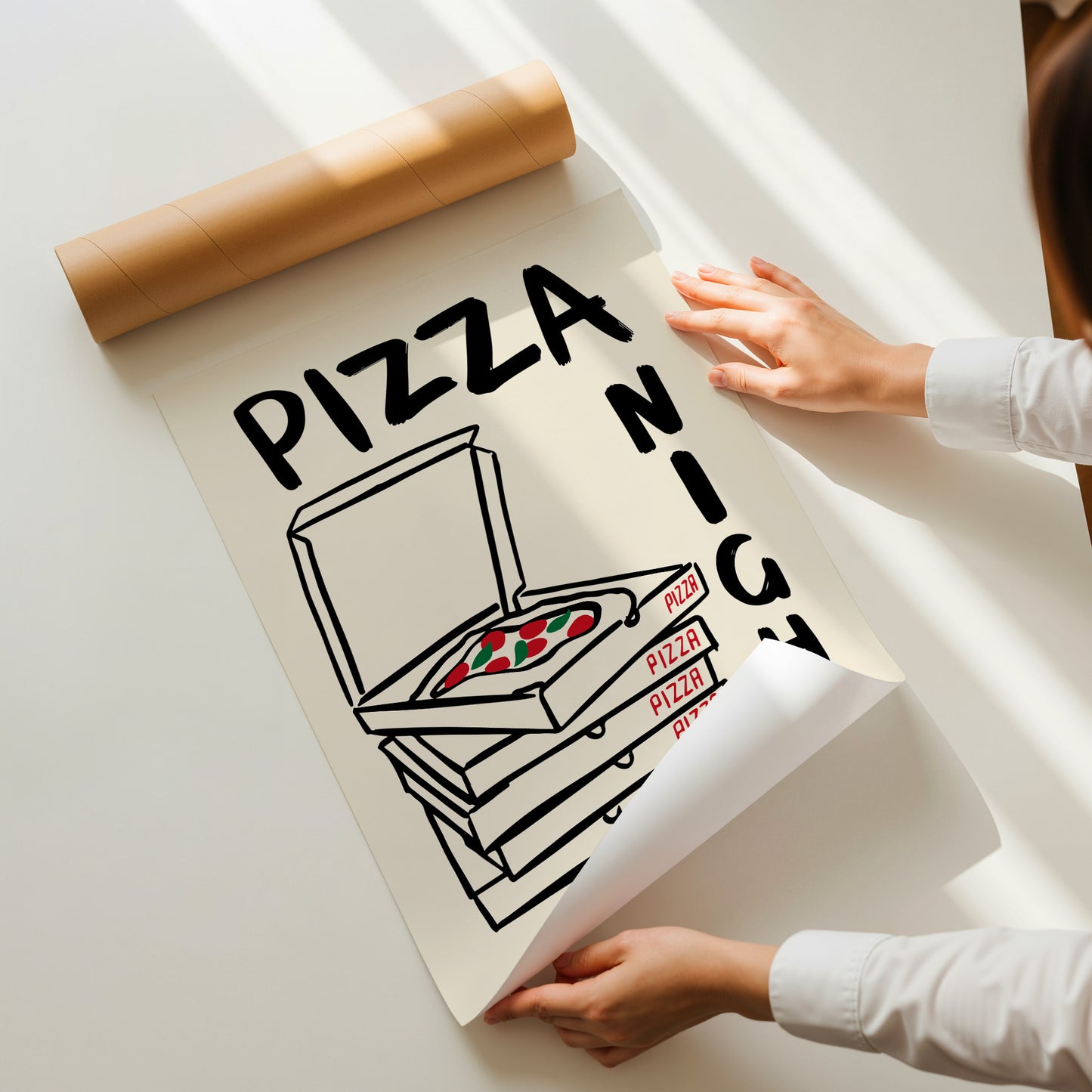 hand-drawn stacked pizza boxes tomato pizza pizza night every night lettering cream background art print