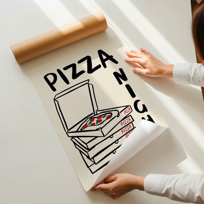 hand-drawn stacked pizza boxes tomato pizza pizza night every night lettering cream background art print