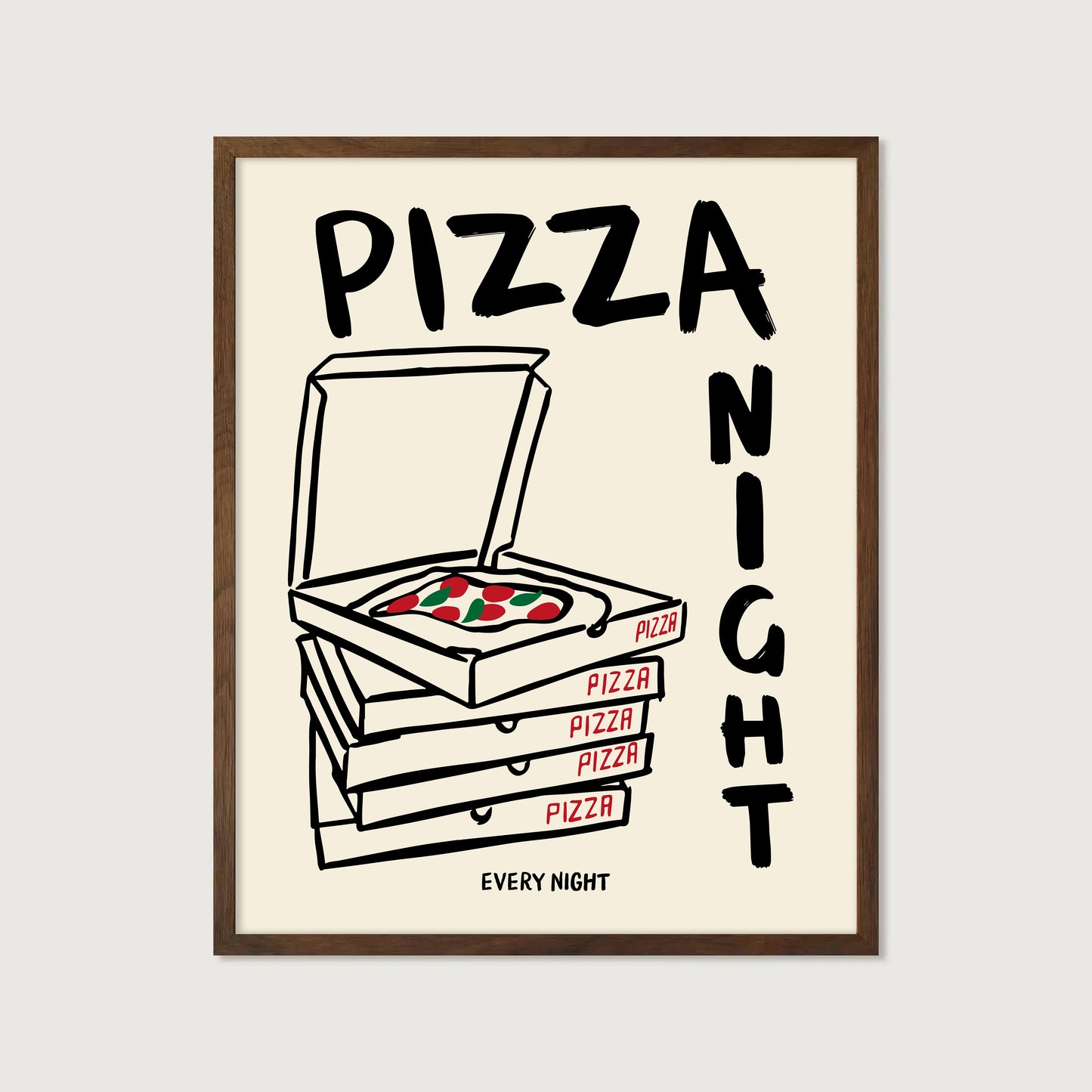 hand-drawn stacked pizza boxes tomato pizza pizza night every night lettering cream background art print