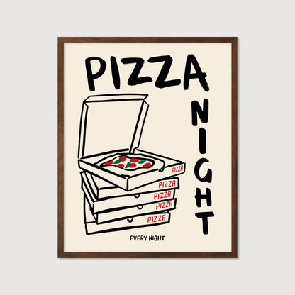 hand-drawn stacked pizza boxes tomato pizza pizza night every night lettering cream background art print