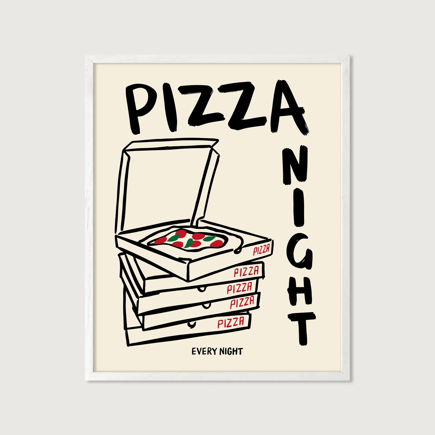 hand-drawn stacked pizza boxes tomato pizza pizza night every night lettering cream background art print