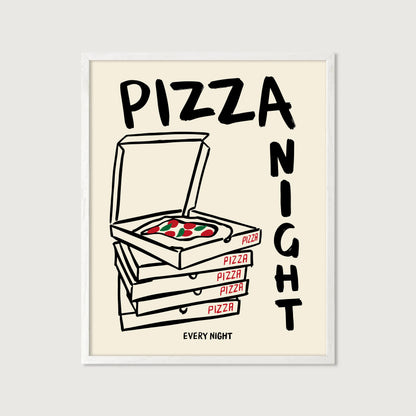 hand-drawn stacked pizza boxes tomato pizza pizza night every night lettering cream background art print