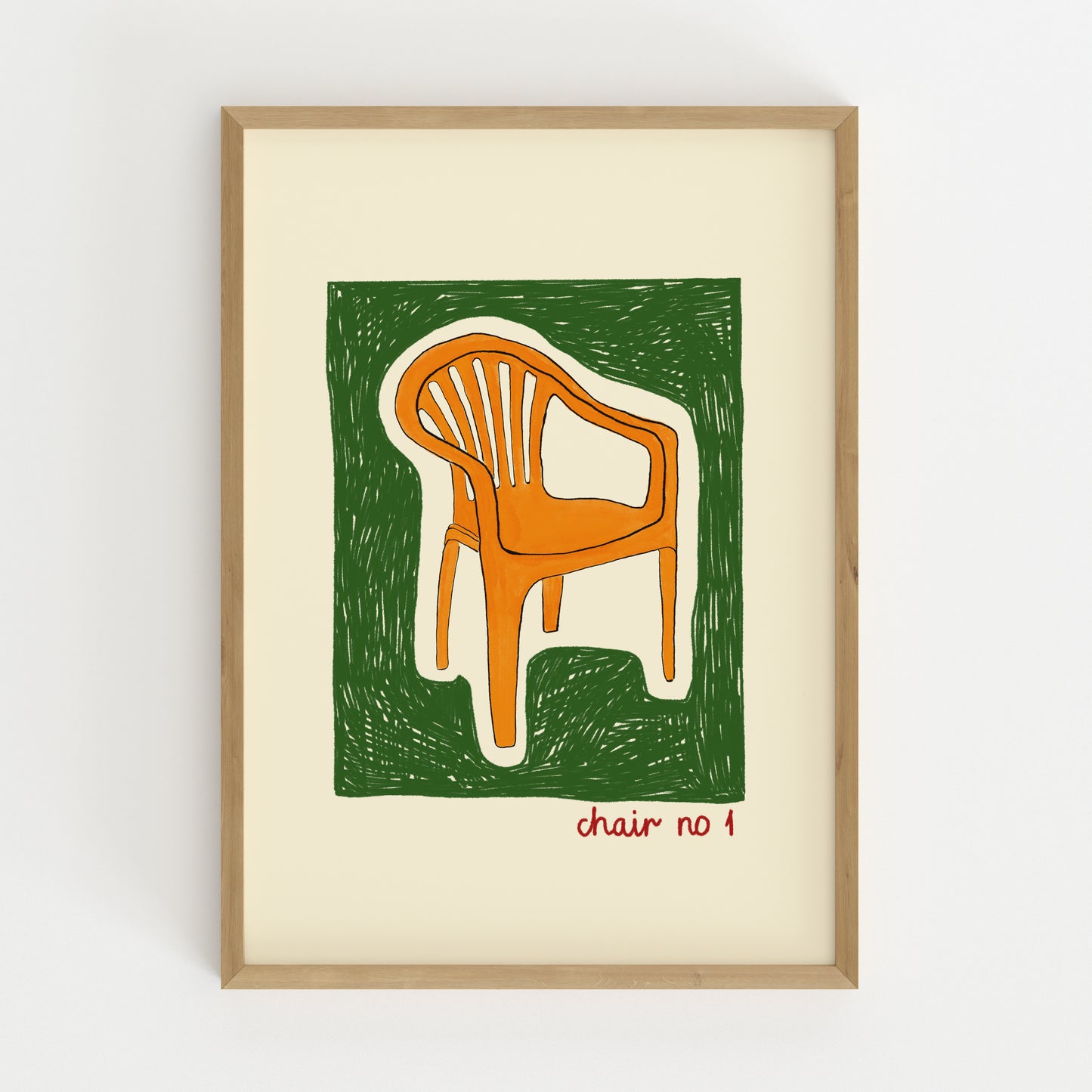hand-drawn orange plastic garden chair green background cream canvas art print