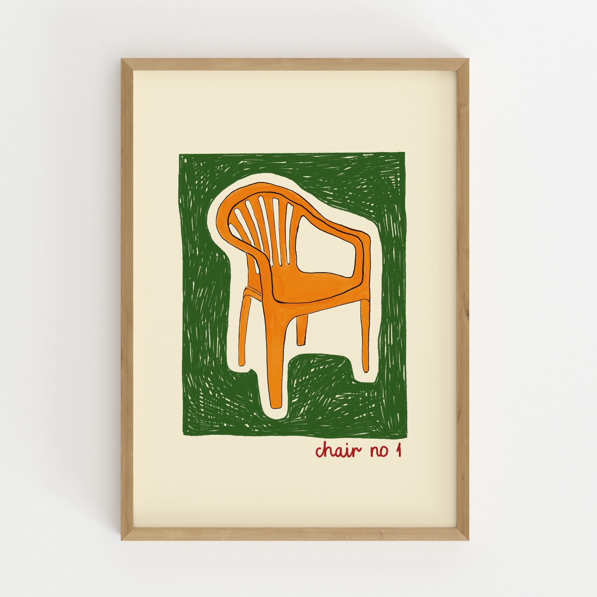 hand-drawn orange plastic garden chair green background cream canvas art print