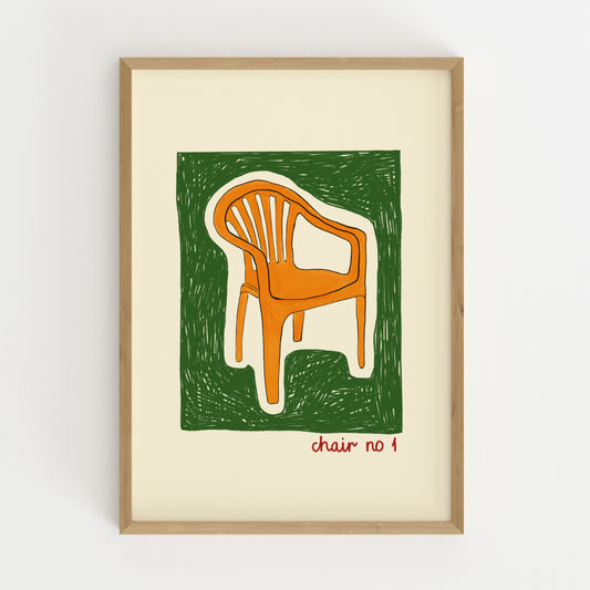 hand-drawn orange plastic garden chair green background cream canvas art print