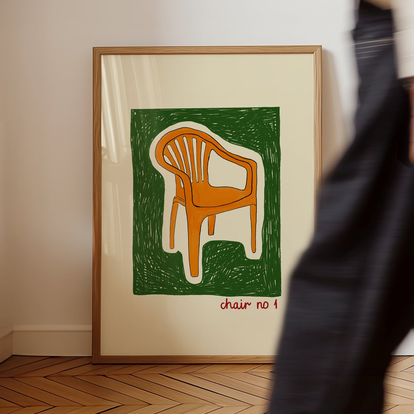 hand-drawn orange plastic garden chair green background cream canvas art print