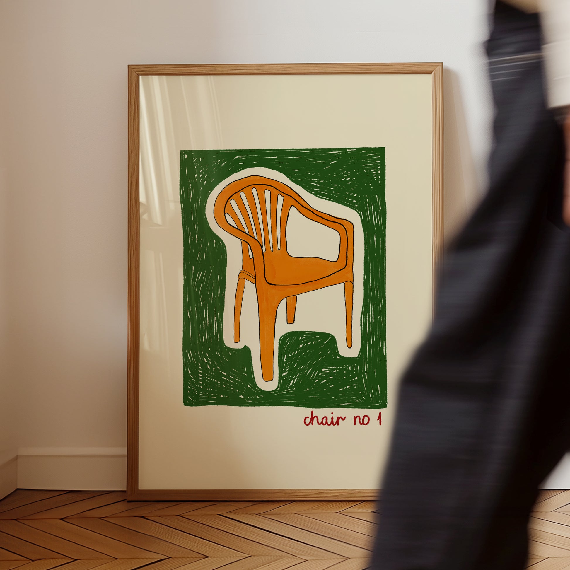 hand-drawn orange plastic garden chair green background cream canvas art print