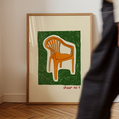 hand-drawn orange plastic garden chair green background cream canvas art print