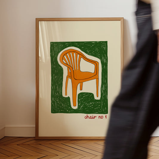 hand-drawn orange plastic garden chair green background cream canvas art print