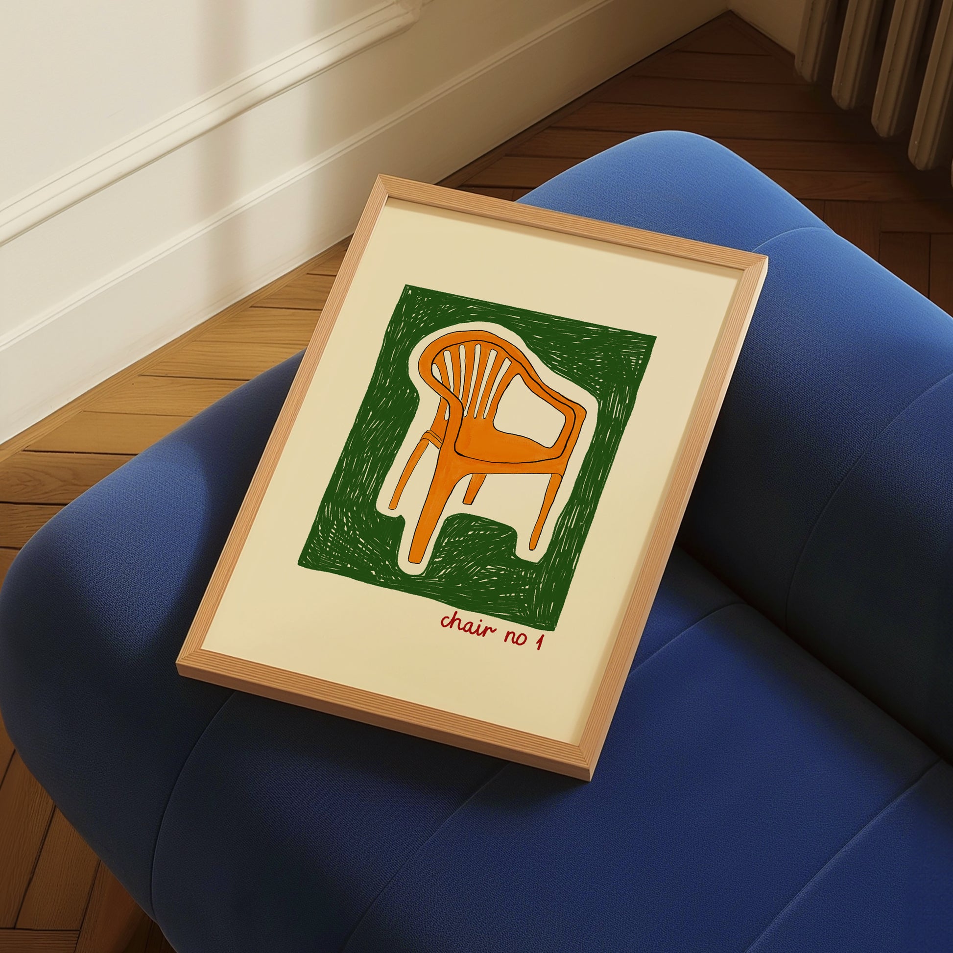 hand-drawn orange plastic garden chair green background cream canvas art print