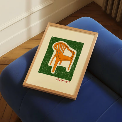 hand-drawn orange plastic garden chair green background cream canvas art print