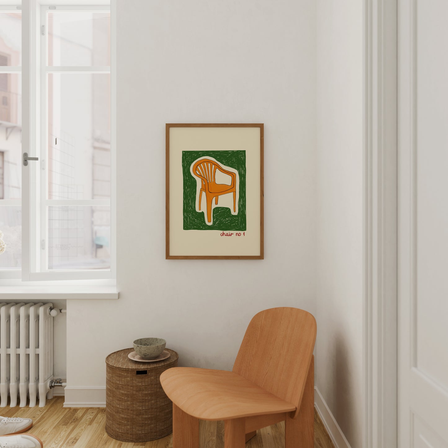 hand-drawn orange plastic garden chair green background cream canvas art print