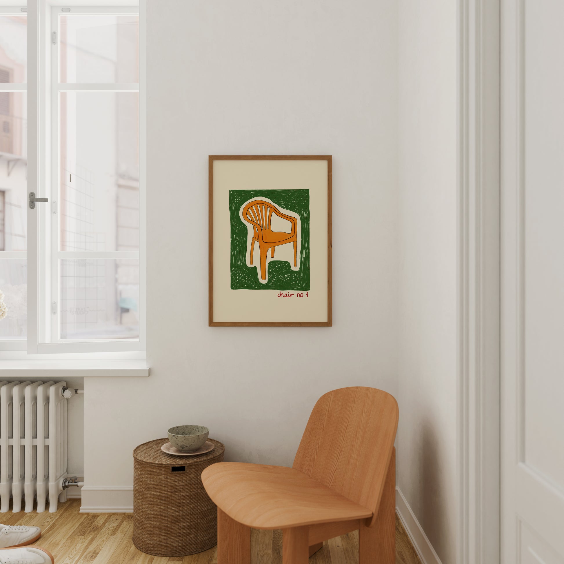 hand-drawn orange plastic garden chair green background cream canvas art print