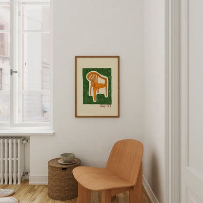 hand-drawn orange plastic garden chair green background cream canvas art print