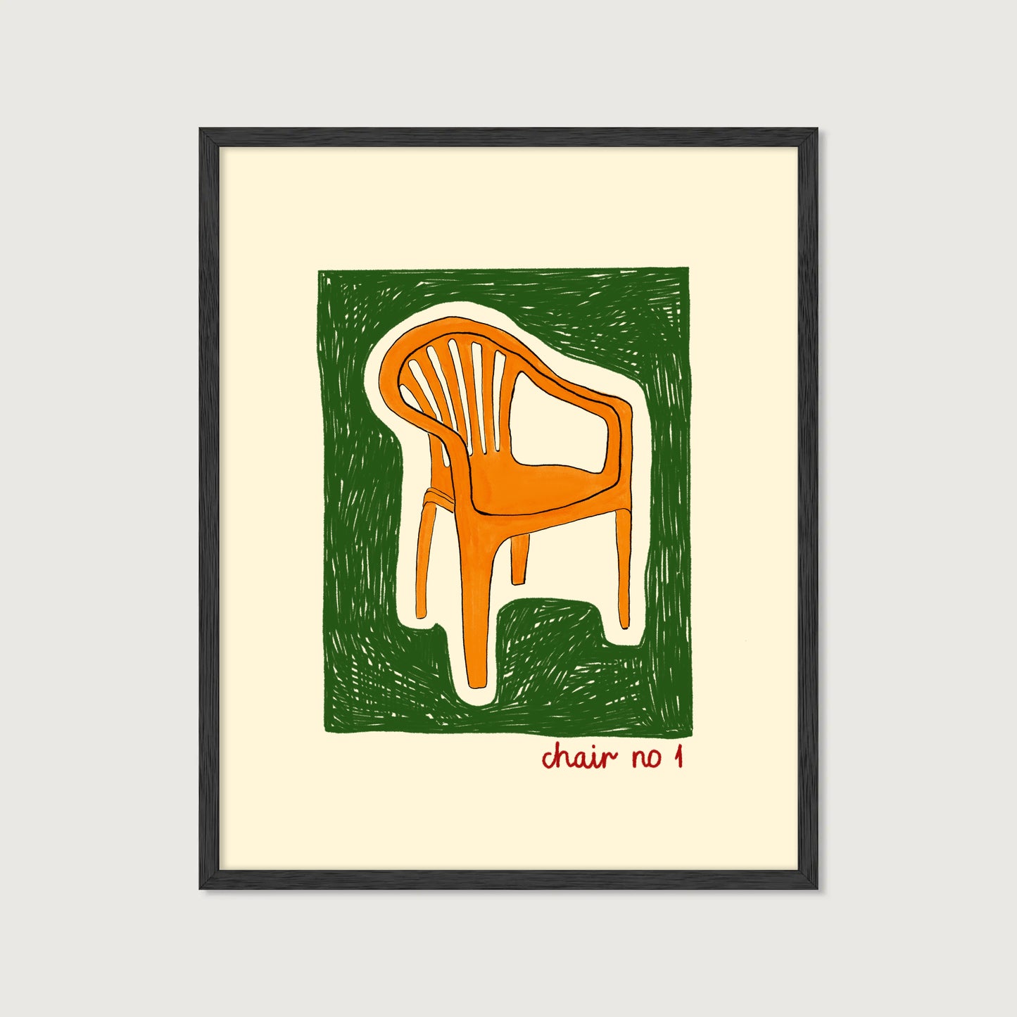 hand-drawn orange plastic garden chair green background cream canvas art print