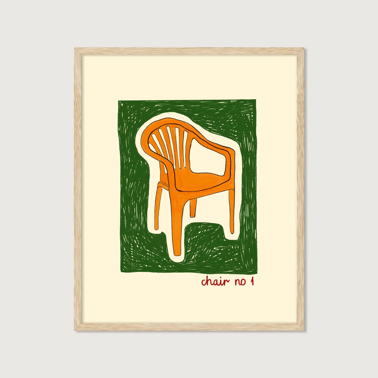 hand-drawn orange plastic garden chair green background cream canvas art print
