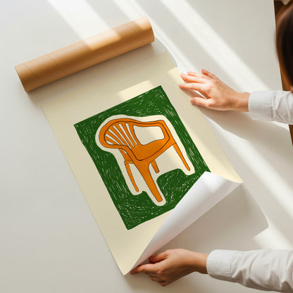 hand-drawn orange plastic garden chair green background cream canvas art print