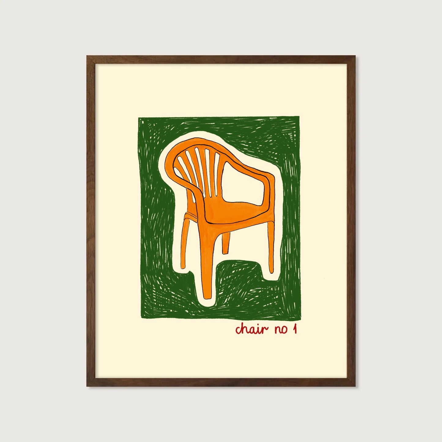 hand-drawn orange plastic garden chair green background cream canvas art print