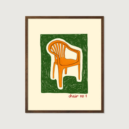 hand-drawn orange plastic garden chair green background cream canvas art print