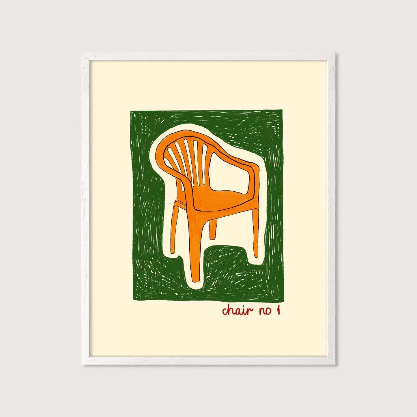 hand-drawn orange plastic garden chair green background cream canvas art print