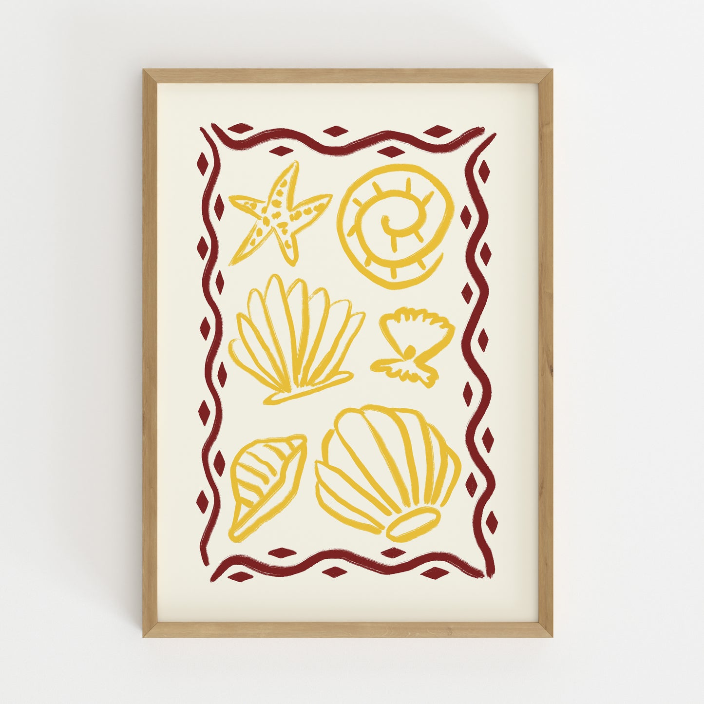 hand-drawn golden seashells starfish dark red decorative border cream background coastal art print