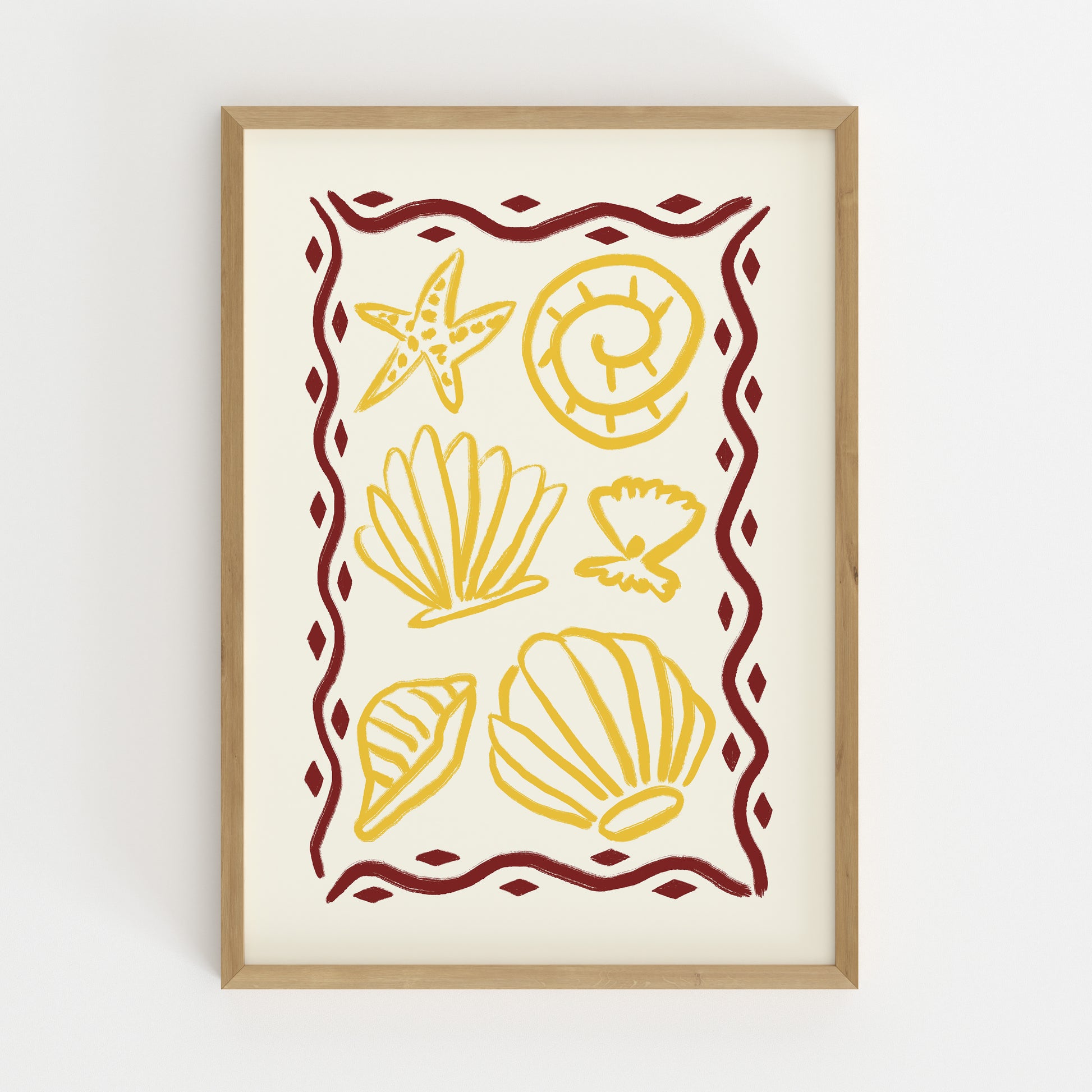 hand-drawn golden seashells starfish dark red decorative border cream background coastal art print