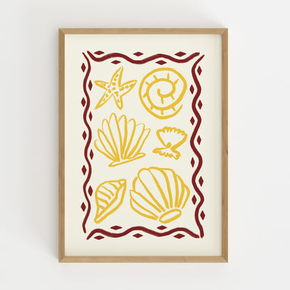 hand-drawn golden seashells starfish dark red decorative border cream background coastal art print