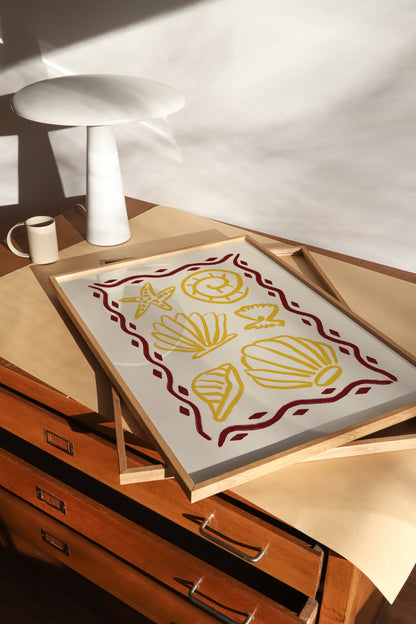 hand-drawn golden seashells starfish dark red decorative border cream background coastal art print