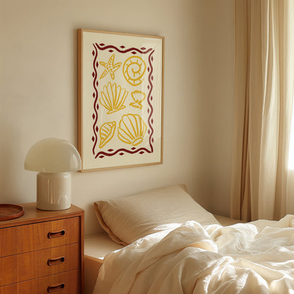 hand-drawn golden seashells starfish dark red decorative border cream background coastal art print