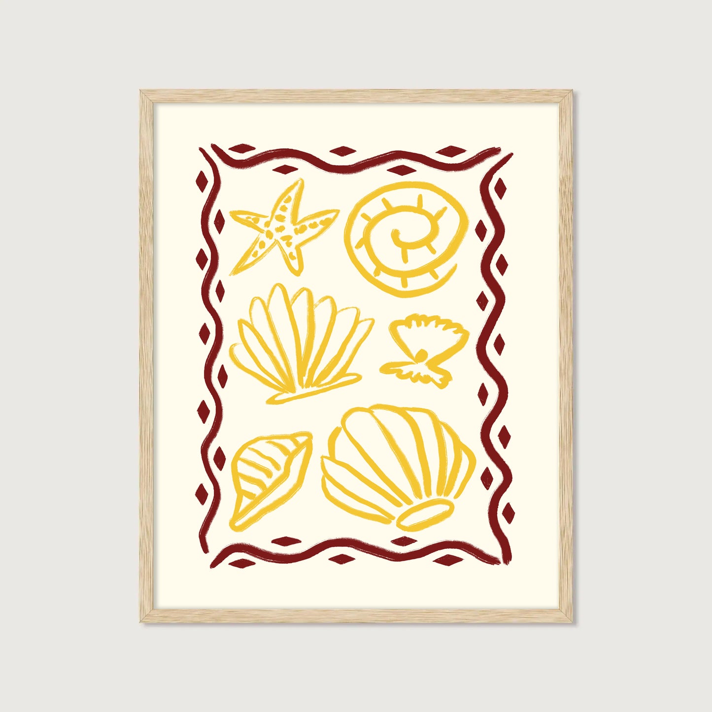 hand-drawn golden seashells starfish dark red decorative border cream background coastal art print