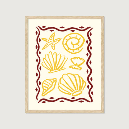 hand-drawn golden seashells starfish dark red decorative border cream background coastal art print