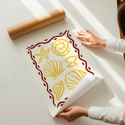 hand-drawn golden seashells starfish dark red decorative border cream background coastal art print