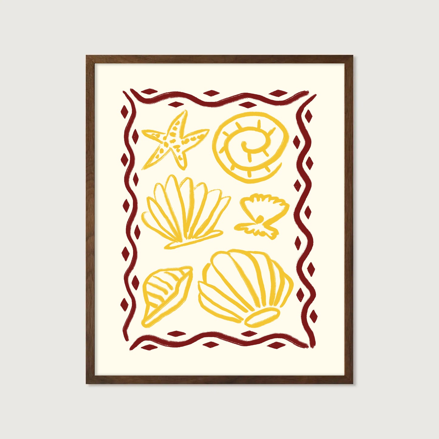 hand-drawn golden seashells starfish dark red decorative border cream background coastal art print