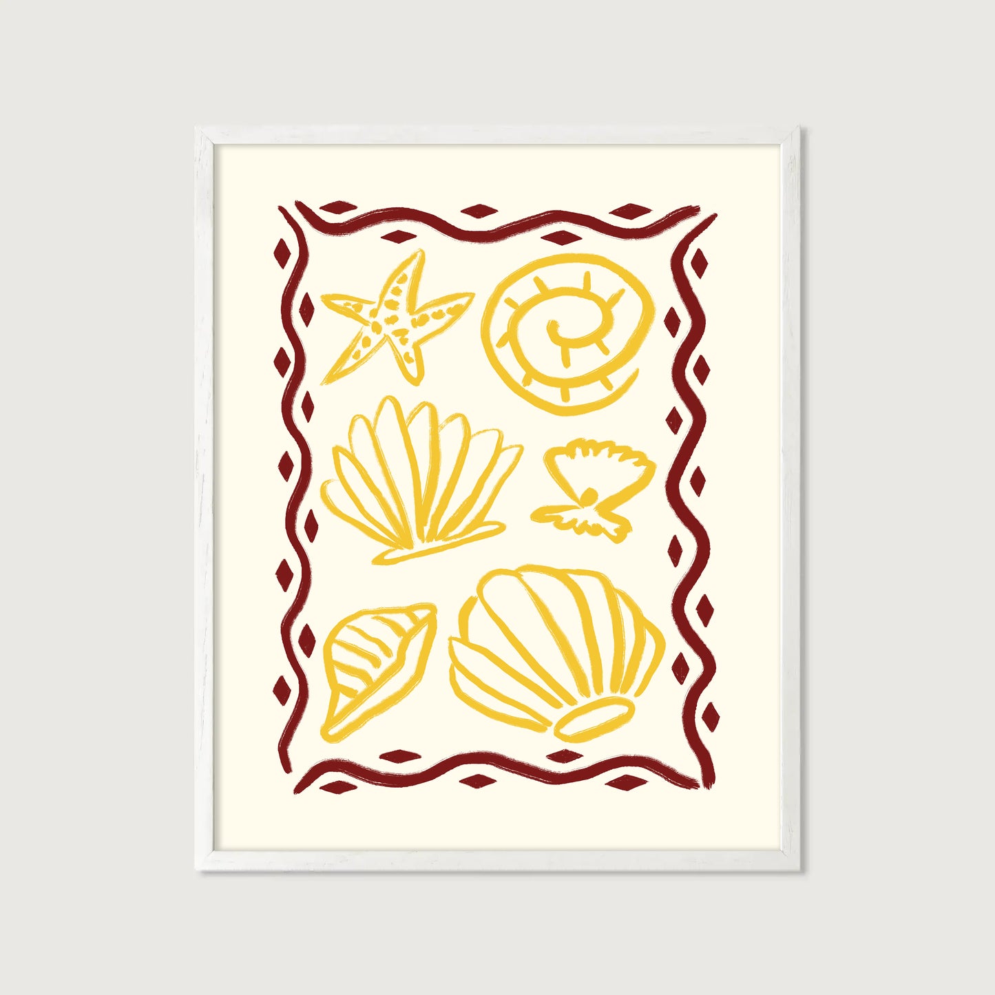 hand-drawn golden seashells starfish dark red decorative border cream background coastal art print