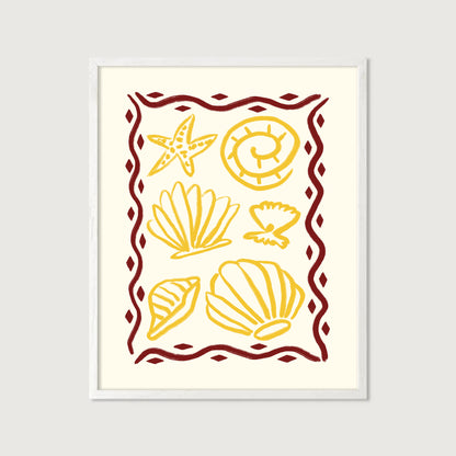 hand-drawn golden seashells starfish dark red decorative border cream background coastal art print