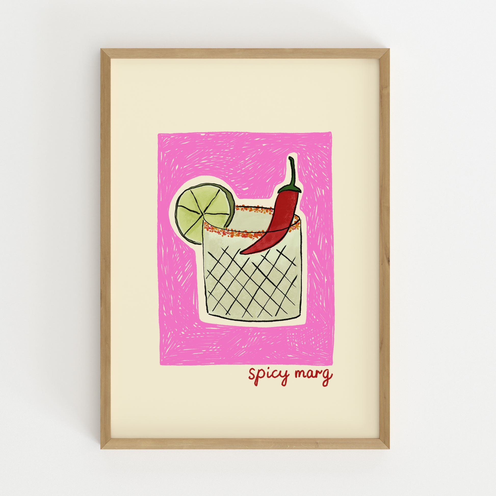 hand-drawn spicy margarita cocktail chili lime pink background cream canvas art print
