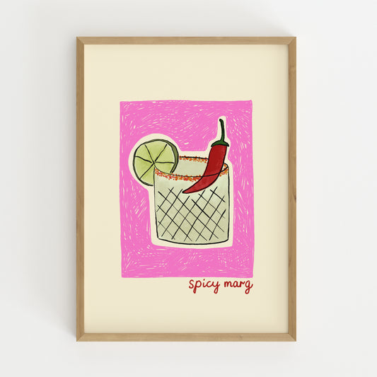 hand-drawn spicy margarita cocktail chili lime pink background cream canvas art print