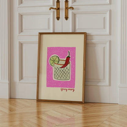 hand-drawn spicy margarita cocktail chili lime pink background cream canvas art print