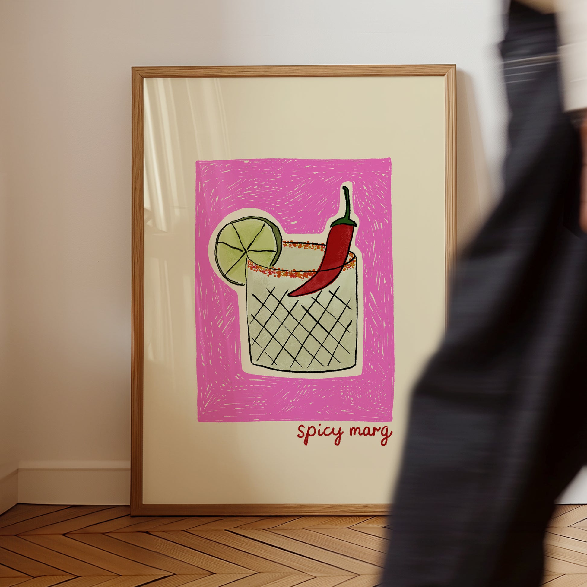 hand-drawn spicy margarita cocktail chili lime pink background cream canvas art print