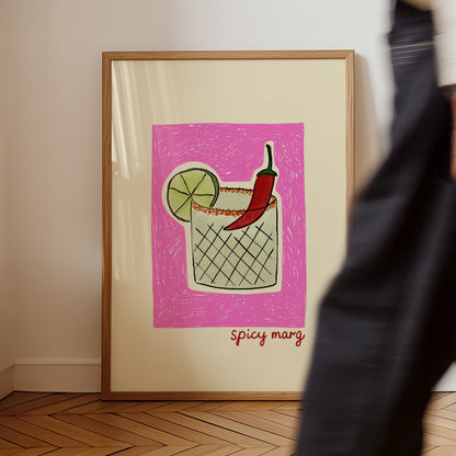 hand-drawn spicy margarita cocktail chili lime pink background cream canvas art print