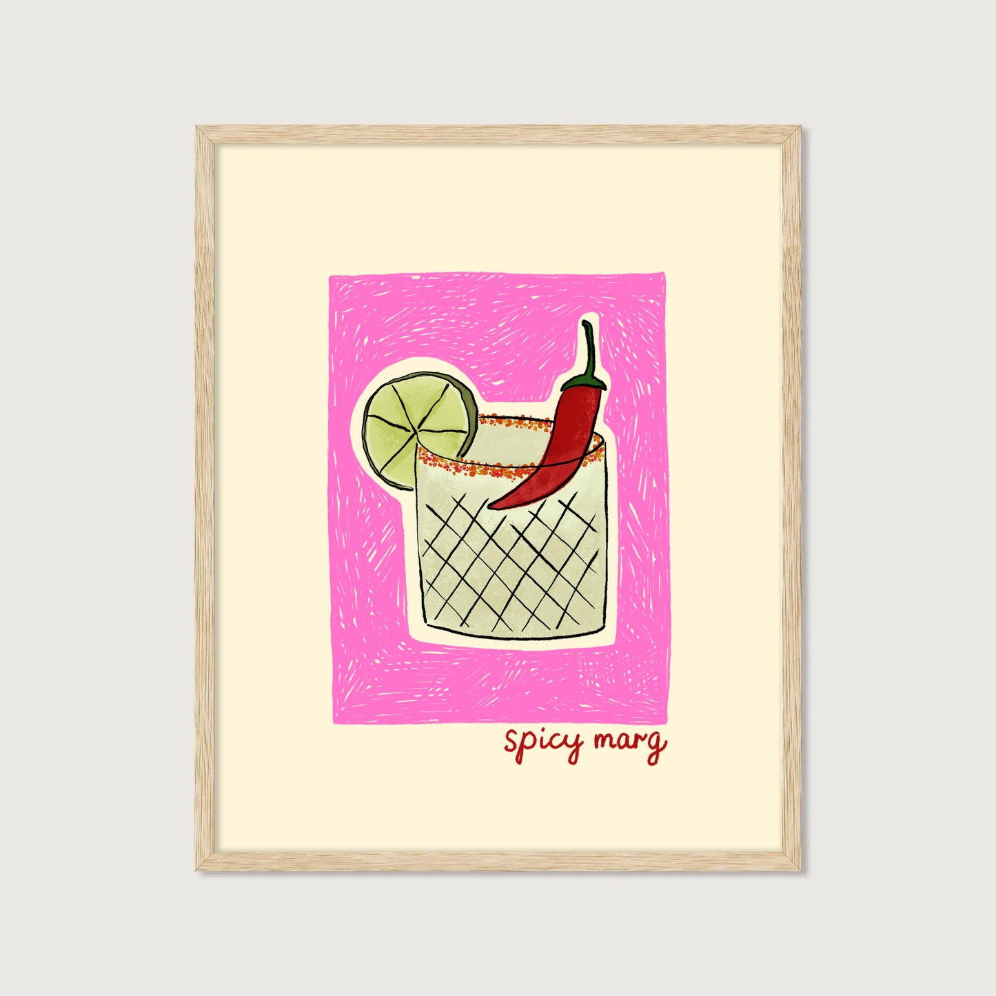 hand-drawn spicy margarita cocktail chili lime pink background cream canvas art print