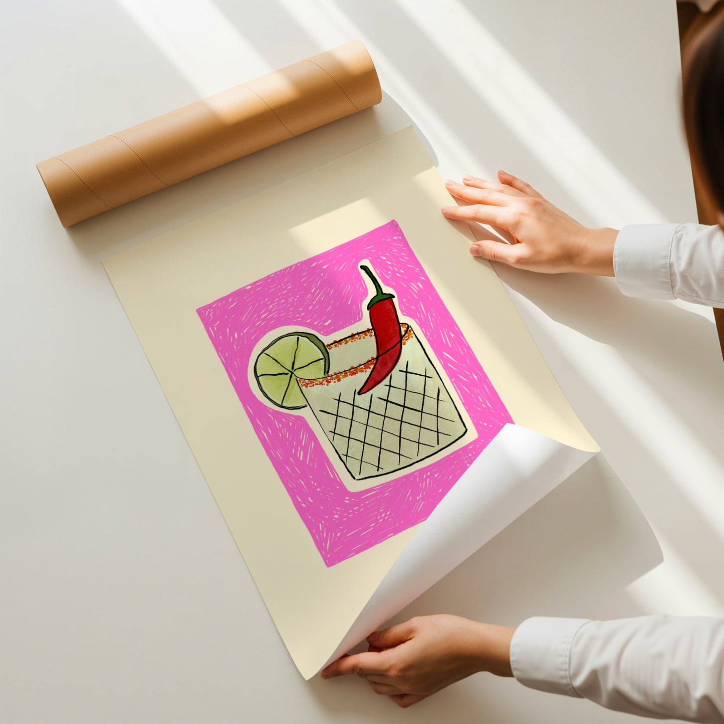 hand-drawn spicy margarita cocktail chili lime pink background cream canvas art print