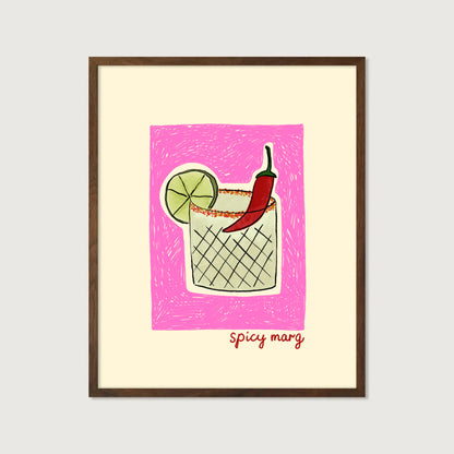 hand-drawn spicy margarita cocktail chili lime pink background cream canvas art print