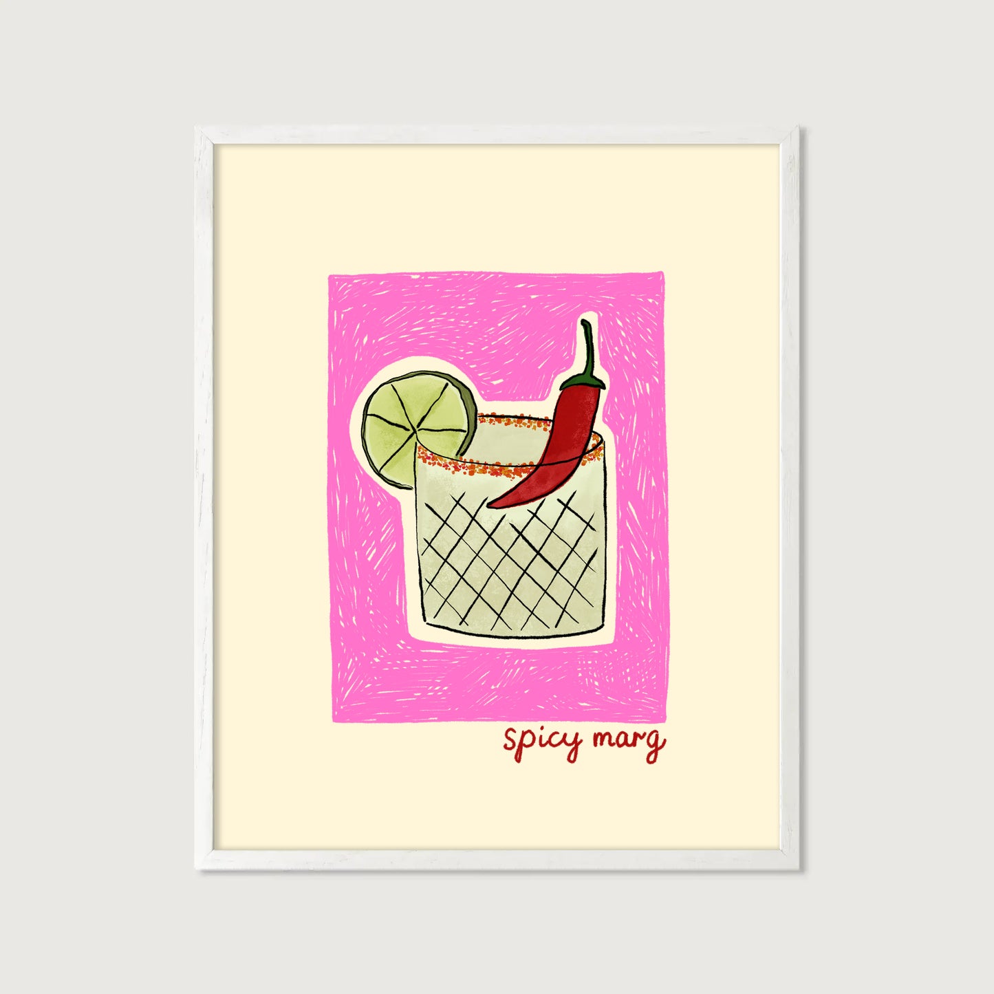 hand-drawn spicy margarita cocktail chili lime pink background cream canvas art print