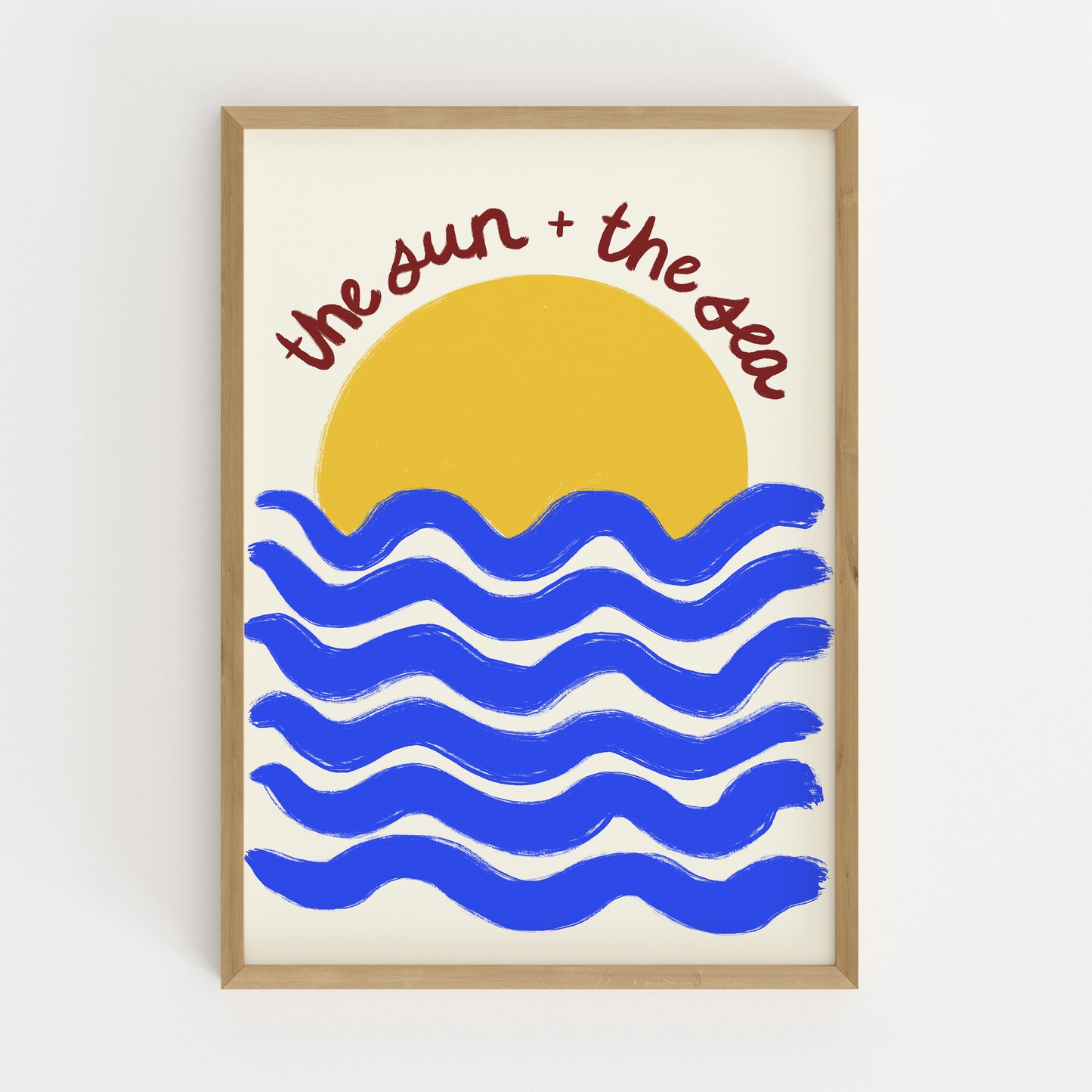 hand-drawn golden sun blue waves cream background the sun and the sea coastal art print