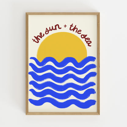 hand-drawn golden sun blue waves cream background the sun and the sea coastal art print